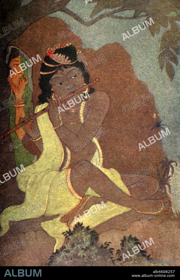'Radha and Krishna', 1920. Radha and Krishna are the feminine and masculine realities of God. Krishna enchants the world, Radha enchants even Him, the spiritual love between them is a theme celebrated throughout India. From "Myths of the Hindus & Buddhists", by The Sister Nivedita and Ananda K. Coomaraswamy. [George G. Harrap & Company Ltd, London, 1920].