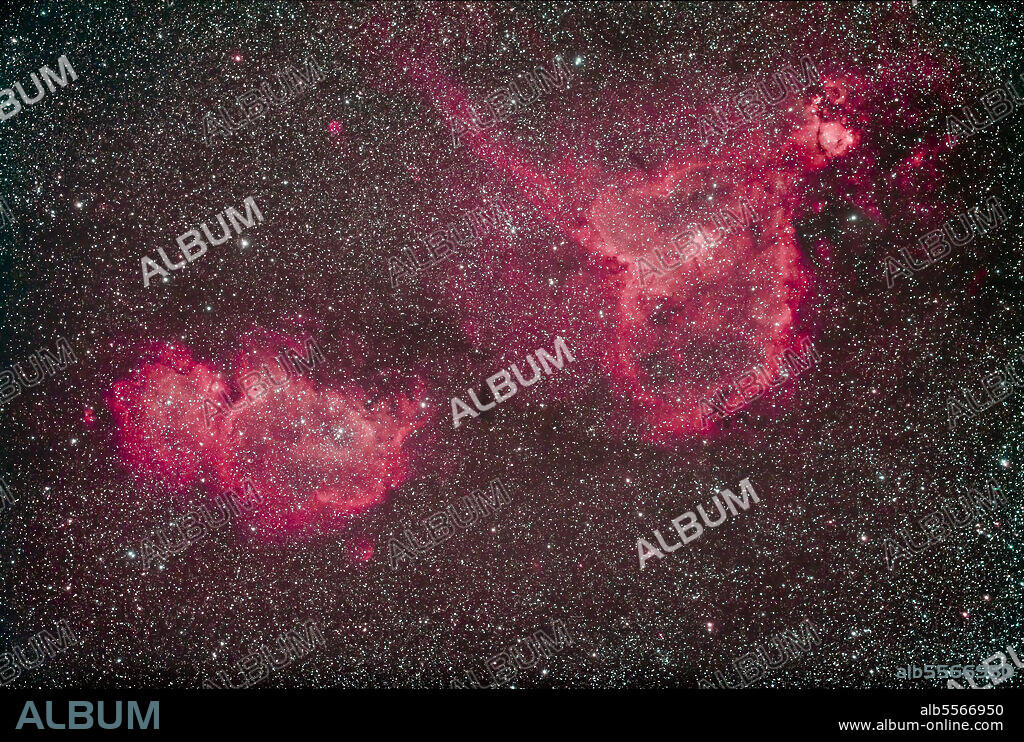 The Heart Nebula (IC 1805), and the Soul Nebula (IC 1848), with NGC 896 at upper right, in the constellation Cassiopeia.