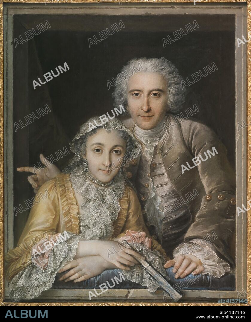 Portrait of Philippe Coypel and His Wife. Charles-Antoine Coypel; French, 1694-1752. Date: 1742. Dimensions: 905 × 730 mm. Pastel on blue laid paper, pieced, laid down on canvas, and stretched on a wood stretcher. Origin: France.