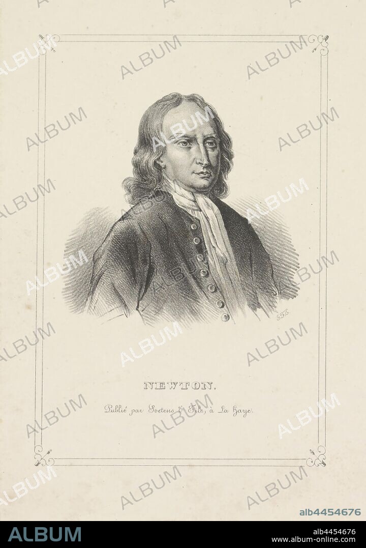 Portrait of Isaac Newton Series of portraits by Soetens & Fils from 1838 (series title), The subject is turned to the right. Under the portrait his name, historical persons ((full) bust portrait), Isaac Newton, Gerhardus Fredericus Eilbracht (mentioned on object), The Hague, c. 1838, paper, h 222 mm × w 153 mm.