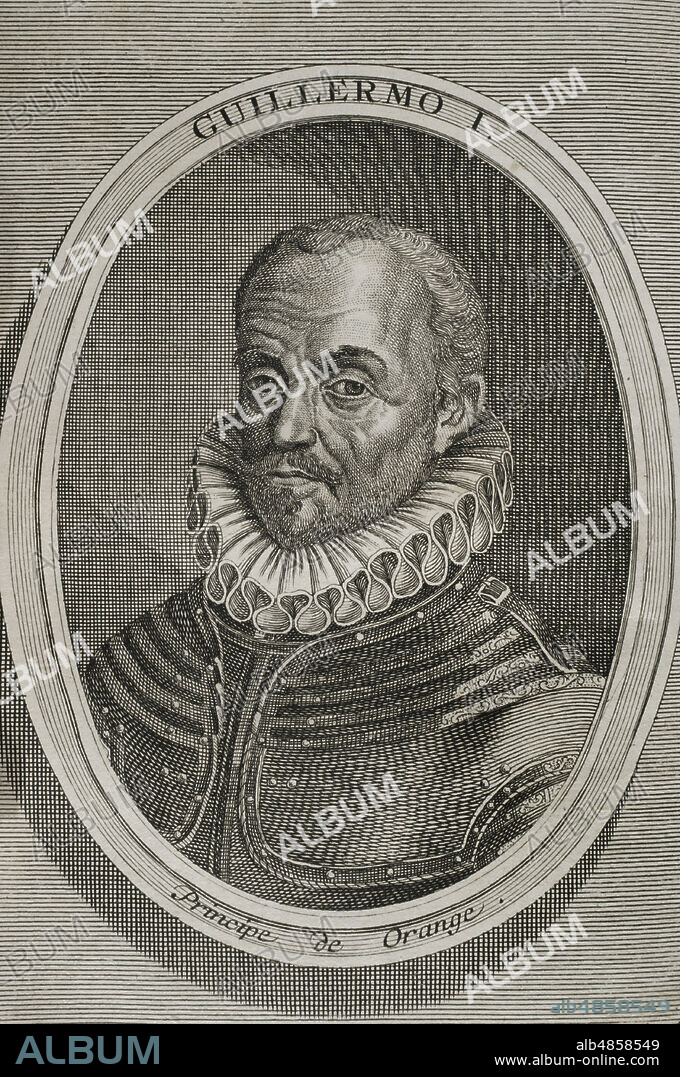 Guillermo de Orange-Nassau (1533-1584) llamado el Taciturno. Miembro de la Casa de Nassau, se convirtió en Príncipe de Orange en 1544. Se unió a la rebelión contra la Corona Española. Retrato. Grabado. Guerras de Flandes. Edición publicada en Amberes, 1748. Biblioteca Histórico Militar de Barcelona. Cataluña. España.