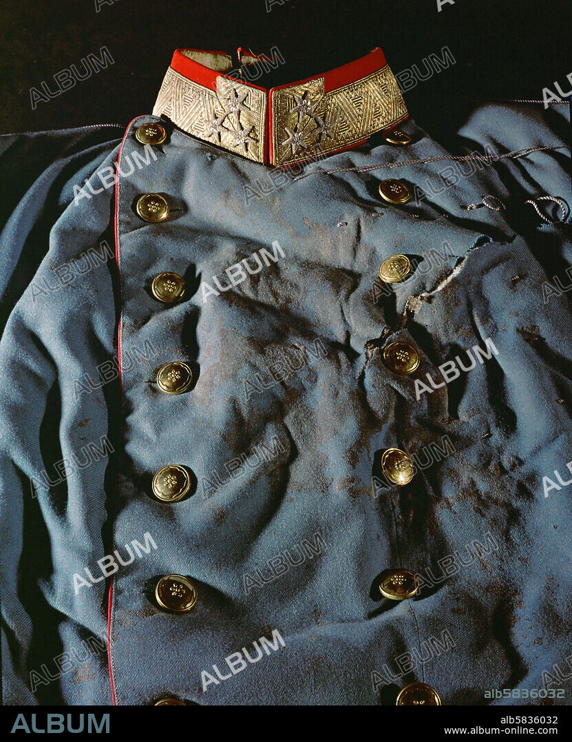 Uniform coat worn by Archduke Franz Ferdinand on the day of his assassination in Sarajevo, June 28, 1914. His morganatic wife, Duchess Sophie Hohenberg, died with him. The assassination by Gavrilo Princip, a young Serbian, brought about the First World War.