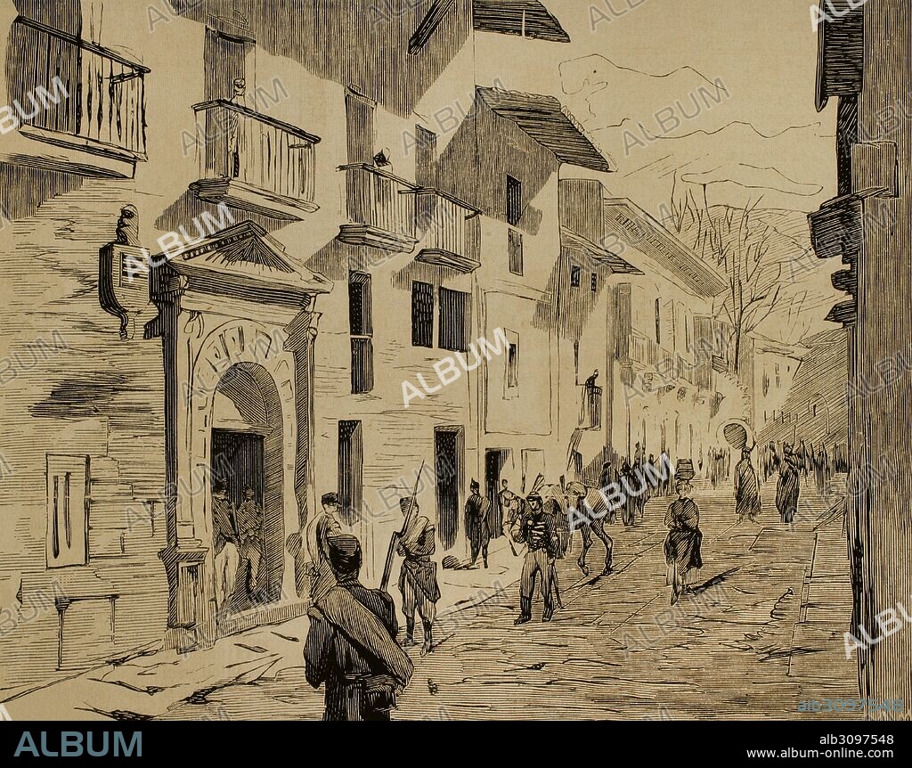 Spain. Third Carlist War (1872-1876). House of Don Carlos, Duke of Madrid (1848-1909) in Durango, Navarre. Engraving by Marichal. The Spanish and American Illustration, 1876.