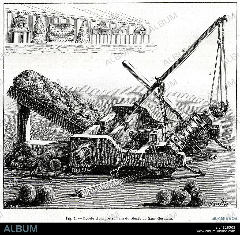 'Modele d'onagre romain du Musee de Saint-Germain'. Illustration par A. Tissandier tiree de la revue La Nature du 11 septembre 1875. Credit : Collection KHARBINE-TAPABOR.