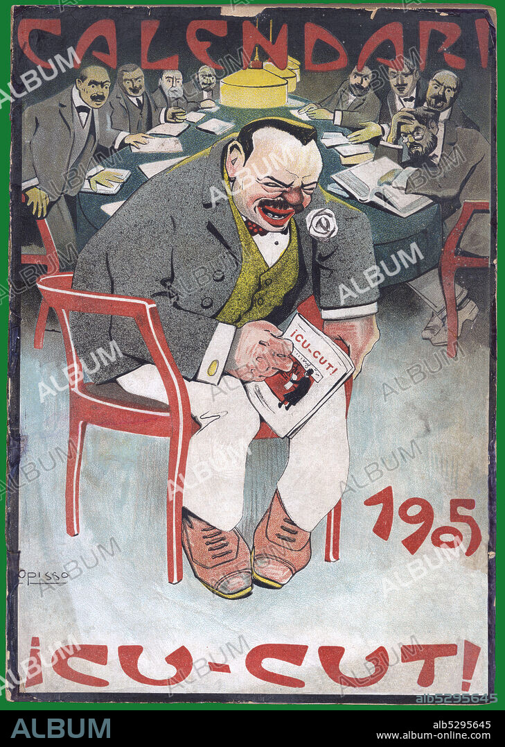 RICARD OPISSO SALA. Portada del Calendario de la revista satírica Cu-cut para el año 1905. Reunión del consejo de administración de una empresa con su presidente riendo con un ejemplar de la revista Cu-cut en sus manos.