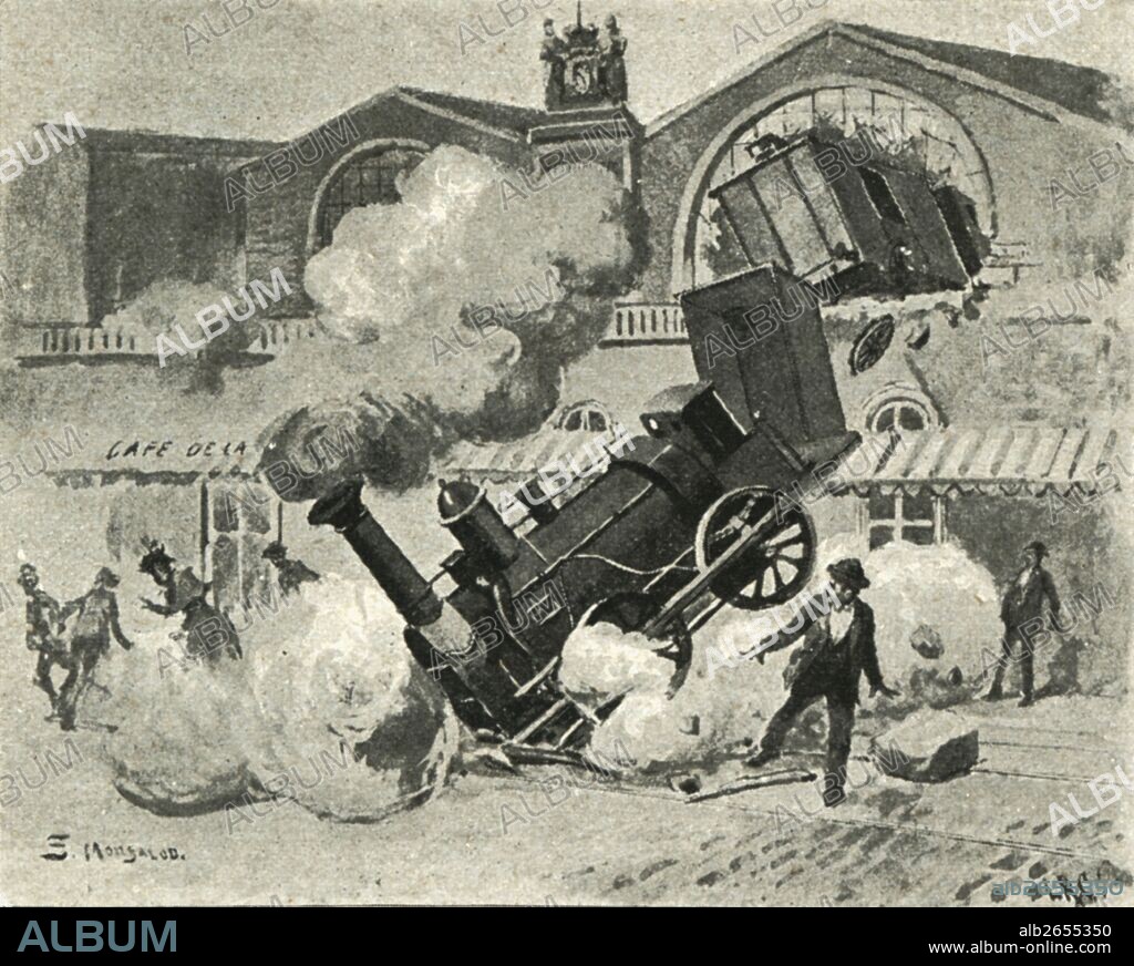 Accidente de ferrocarril en la estación de Montparnasse de París, al entrar el tren a gran velocidad y saltar por las cristaleras de la estación, ocurrido el 22 de octubre de 1895. Grabado de época.