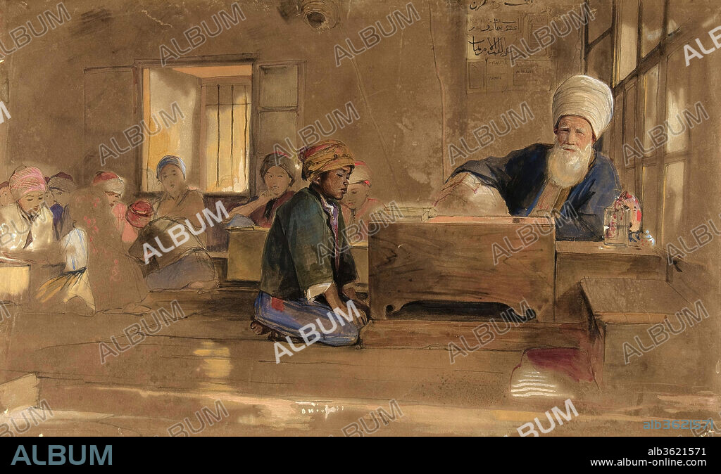 Arab School. Artist: John Frederick Lewis (British, London 1805-1876 Walton-on-Thames). Dimensions: sheet: 11 11/16 x 19 1/8 in. (29.7 x 48.6 cm). Date: 1841-51.
For most of the 1840s, Lewis lived in Egypt, where he famously adopted aspects of a pasha's dress and manner. Among the most accomplished of the Victorian "Orientalists," he is noted for his total mastery of the watercolor medium and his eye for rich detail. In this study for an exhibited work of the same title (Victoria and Albert Museum, London), Lewis captured the sleepy routine of a Cairo schoolroom, centered on a boy reading for a bearded teacher whose attention appears to be elsewhere. The drawing concentrates on the faces and turbans of the seated students and indicates the setting broadly, using the brown paper to suggest unadorned walls and floor and to provide a base for quickly brushed costume elements and the masterfully rendered wood grain of the teacher's desk. In contrast to Lewis's finished watercolors, with their elaborate detailing, this study demonstrates his rapid, informal use of the medium.