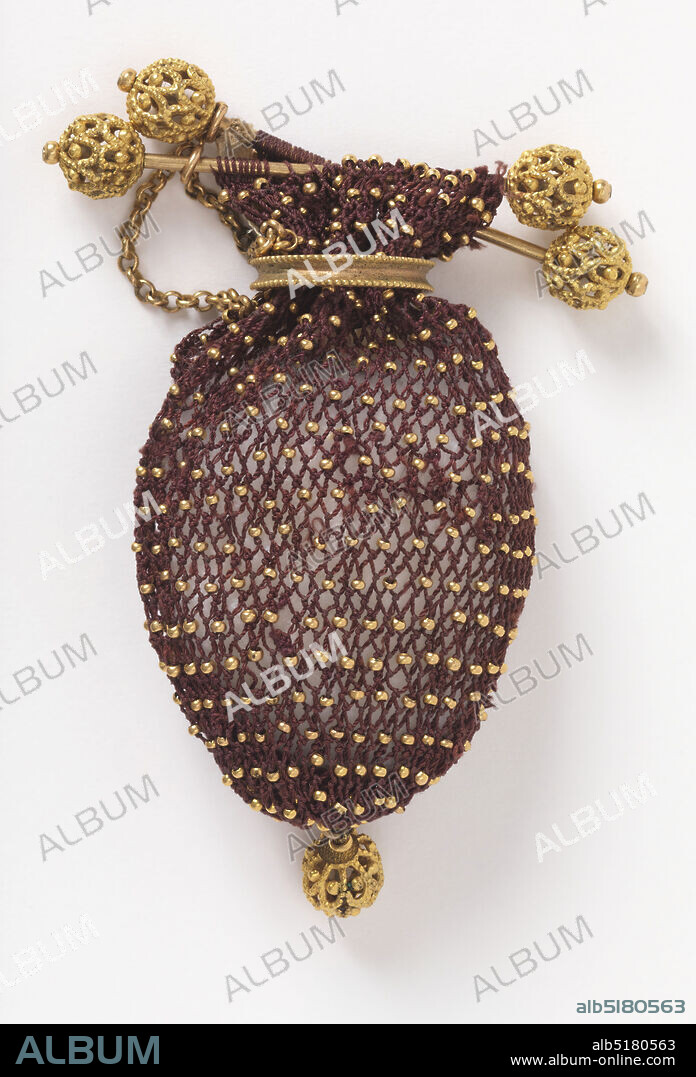 Purse, Medium: silk, metal Technique: beaded crochet, Small sac of dark red crocheted silk with gilt beads, with a ring of plain gold to open or close. Top finished with two gold bars with gold knobs, single gold drop at bottom., France, early 19th century, costume & accessories, Purse.