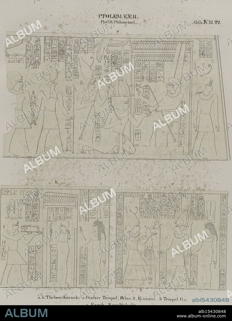 Ptolemaeer. Ptol. VII Philometor I. a.b.Theben Thebes. Karnak. a Grosser Tempel, Pylon II, Eingang; b Tempel G, c. Esneh Isnâ. Saeulenhalle., Weidenbach, Ernst (1818-1882), Date Created: 1849 - 1856, Place: Berlin, Publisher: Nicolaische Buchhandlung, Egypt, Antiquities, Temple of Amon (Karnak, Egypt), Pylons (Gateways), Egypt, Karnak, Symbols, Thebes (Egypt:Extinct city), Hypostyle halls, Karnak (Egypt), Isnâ (Egypt), Vases, Votive offerings, Egypt, History, 332-30 B.C, Gods, Egyptian, Extent: Three images on one page., Ancient carvings fade, Egypt's grandeur on the wall, Gleaning the past.