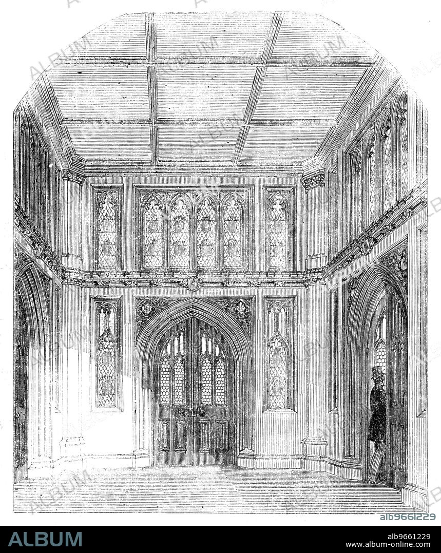Vestibule to the Library of the House of Commons, 1857. Interior of the Palace of Westminster, London. 'It would be difficult to point to any edifice, ancient or modern, in which the style and character of the architecture are more completely carried out than in the new Houses of Parliament. Every apartment and means of communication throughout the vast edifice has its characteristics of the Tudor palatial style, which Sir Charles Barry has adopted...[Depicted] is a Vestibule communicating with the Library of the House of Commons. The door panels are filled with glass and brass trellis-work; and the side and upper windows are charged with armorial badges of the Red and White Roses and Portcullis'. From "Illustrated London News", 1857.