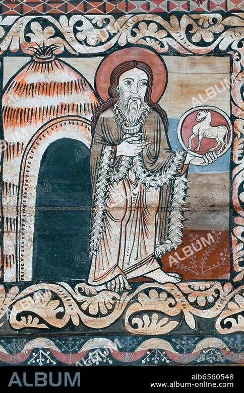 Zillis (Graubünden, Schweiz), Kirche St. Martin.-Predigt Johannes des Täufers: Johannes der Täufer mit Lamm Gottes.-Ausschnitt aus der Holzdecke, bemalt, um 1130/40. Größe der Bildfelder ca. 90 x 90 cm.