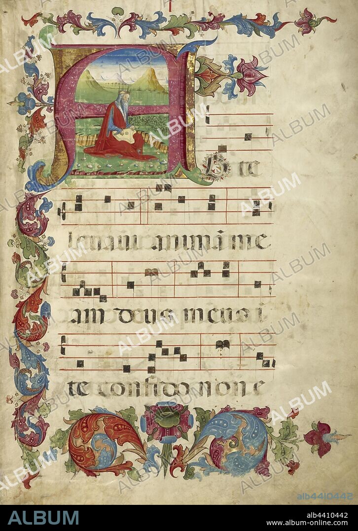 Initial A: David Playing the Psaltery, Unknown, Northern Italy, Italy, about 1460 - 1480, Tempera colors and gold leaf on parchment, Leaf: 60.3 x 44 cm (23 3/4 x 17 5/16 in.).