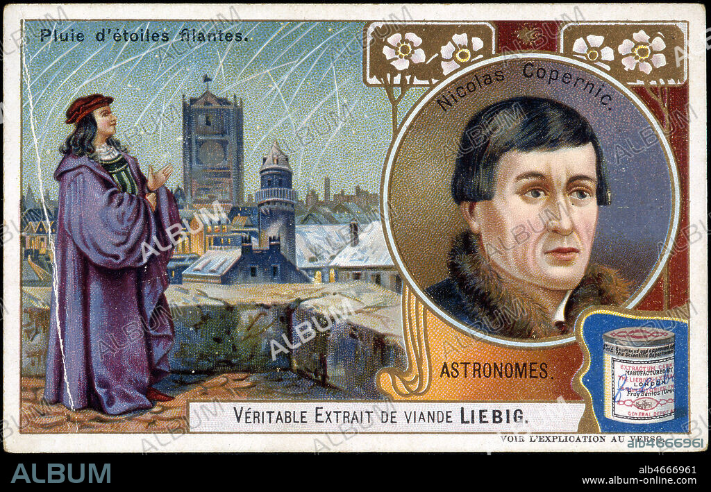 Nicolas COPERNIC et une pluie d'etoiles filantes. serie Liebig Astronomes Celebres vers 1900-1910. Credit Collection Kharbine Tapabor.