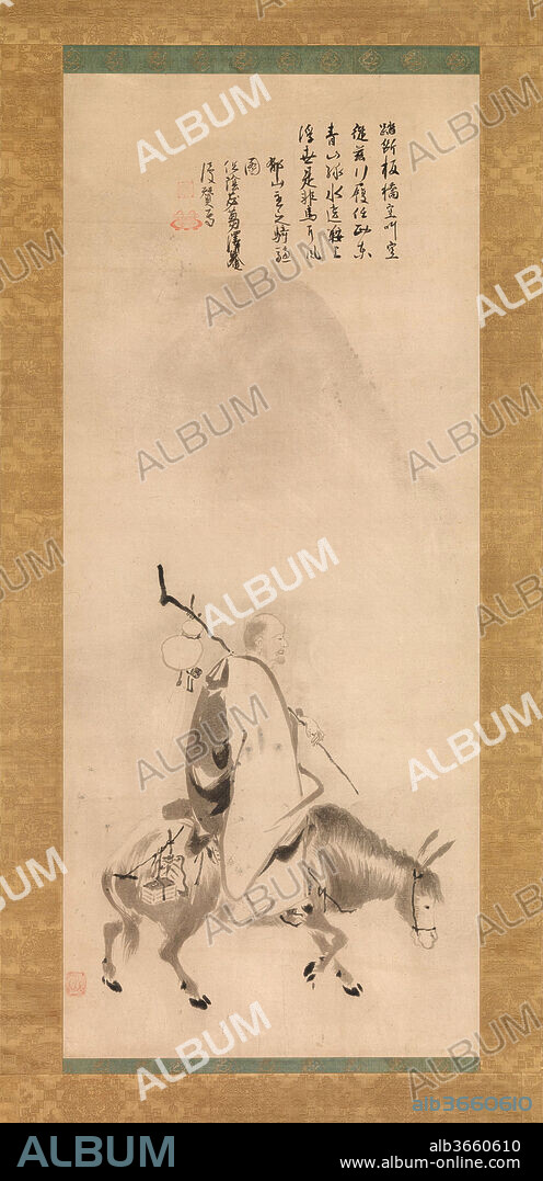 Zheng Huangniu and Yushanzhu. Artist: Kano Naizen (Japanese, 1570-1616); Inscribed by Takuan Soho (1573-1645). Culture: Japan. Dimensions: Image (a): 44 in. × 18 11/16 in. (111.7 × 47.4 cm)
Overall with mounting (a): 78 11/16 × 24 5/8 in. (199.8 × 62.6 cm)
Overall with knobs (a): 78 11/16 × 26 9/16 in. (199.8 × 67.5 cm)
Image (b): 44 1/16 × 18 11/16 in. (111.9 × 47.4 cm)
Overall with mounting (b): 78 15/16 × 24 1/2 in. (200.5 × 62.3 cm)
Overall with knobs (b): 78 15/16 × 26 9/16 in. (200.5 × 67.4 cm). Date: early 17th century.
Zheng Huangniu, at right, and Yushanzhu, at left, were two legendary Chinese Chan (Japanese: Zen) monks often paired in Japanese painting beginning in the early Muromachi period. Zheng Huangniu (Japanese: Seiogyu), whose name means "Zheng of the Yellow Ox," is known for riding a yellow ox to which he attached various objects, such as water jars and books. As is common in later Japanese examples, here Zheng rides his ox backwards. Yushanzhu (Japanese: Ikuzanshu, "Master of Mount Yu") is said to have gained enlightenment when he fell off his donkey while riding across a bridge. 
The poetic inscriptions, rendered in a crisp and brusquely brushed style, are by Takuan Soho, one of the most influential Zen monks of his day. 
Right scroll:
A man of the Way
sits at ease, without a care,
astride a yellow ox, detached
from the wind and dust of the world.
He has left the hermitage
of his garden,
and from the ox's horn hangs a sprig
of peony from the Yao or Wei.
Casually inscribed by the recluse monk
Nanzan Takuan.
Left scroll:
Having crossed the plank bridge again,
seeking emptiness in vain,
I embark on a journey
with no destination in mind.
Blue mountains and green waters
surround the mounted traveler,
as the rights and wrongs in the transient world
breeze past the horse's ears.
Painting of the Master of Mount Yu Riding a
Donkey, casually inscribed by
Sokuin Hissu Takuan
--Trans. Shi-yee Liu.