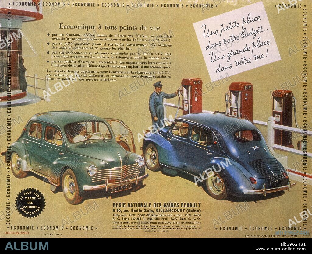 Poster advertising a Renault 4CV, 1949. Two 4CVs at a petrol station. An attendant is at one of the petrol pumps. The poster stresses the economical features and advantages of the car.