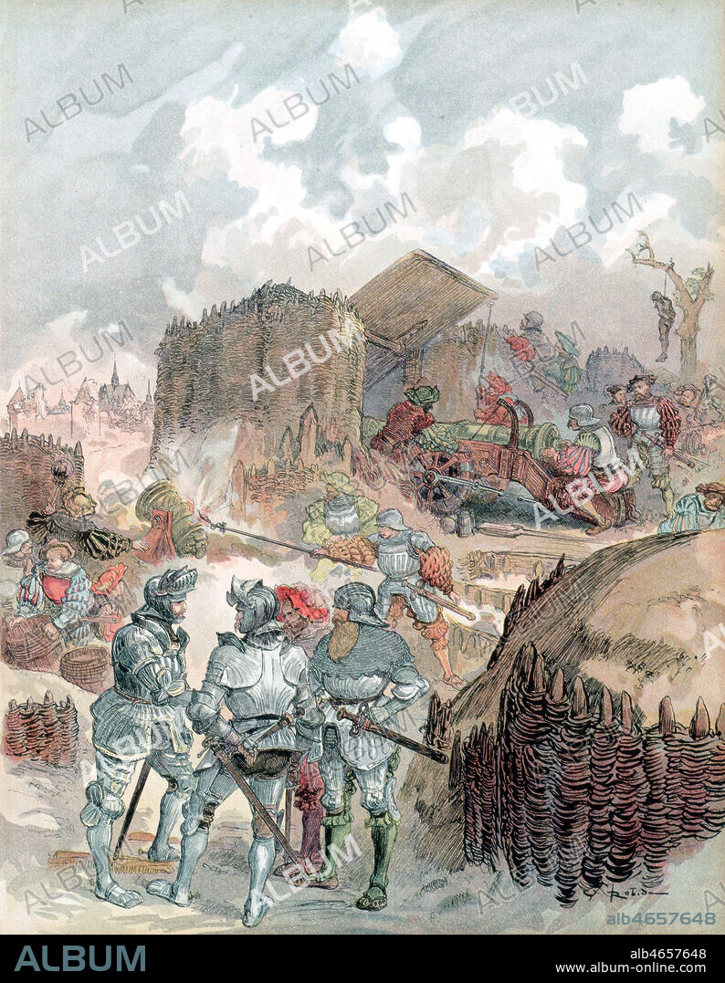 Bayard au siege de Mezieres. Illustration d'Albert ROBIDA (1848-1926) pour l'ouvrage 'Francois 1er' redige par Georges G-TOUDOUZE en 1909. Credit : Collection KHARBINE-TAPABOR.