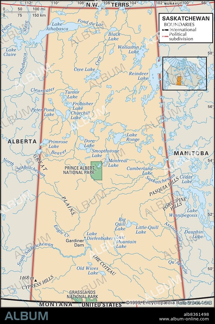 Physical map of Saskatchewan.