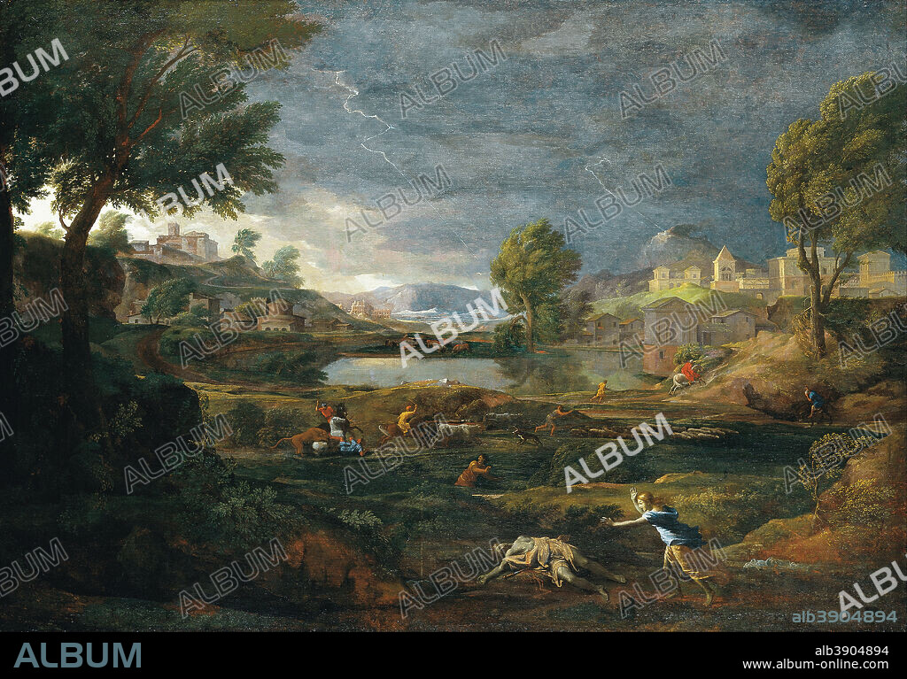NICOLAS POUSSIN. Landscape during a Thunderstorm with Pyramus and thisbe. Date/Period: 1651. Painting. Oil on canvas. Height: 191 cm (75.1 in); Width: 274 cm (107.8 in).