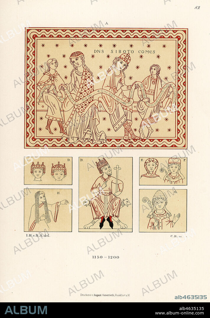 Count Sigiboto or Siboto of Falkenstein and wife Hildegard from a manuscript in Munich library, and other 12th century figures. Chromolithograph from Hefner-Alteneck's Costumes, Artworks and Appliances from the Middle Ages to the 17th Century, Frankfurt, 1889. Illustration by Dr. Jakob Heinrich von Hefner-Alteneck, lithographed by C.R. Dr. Hefner-Alteneck (1811 - 1903) was a German museum curator, archaeologist, art historian, illustrator and etcher.