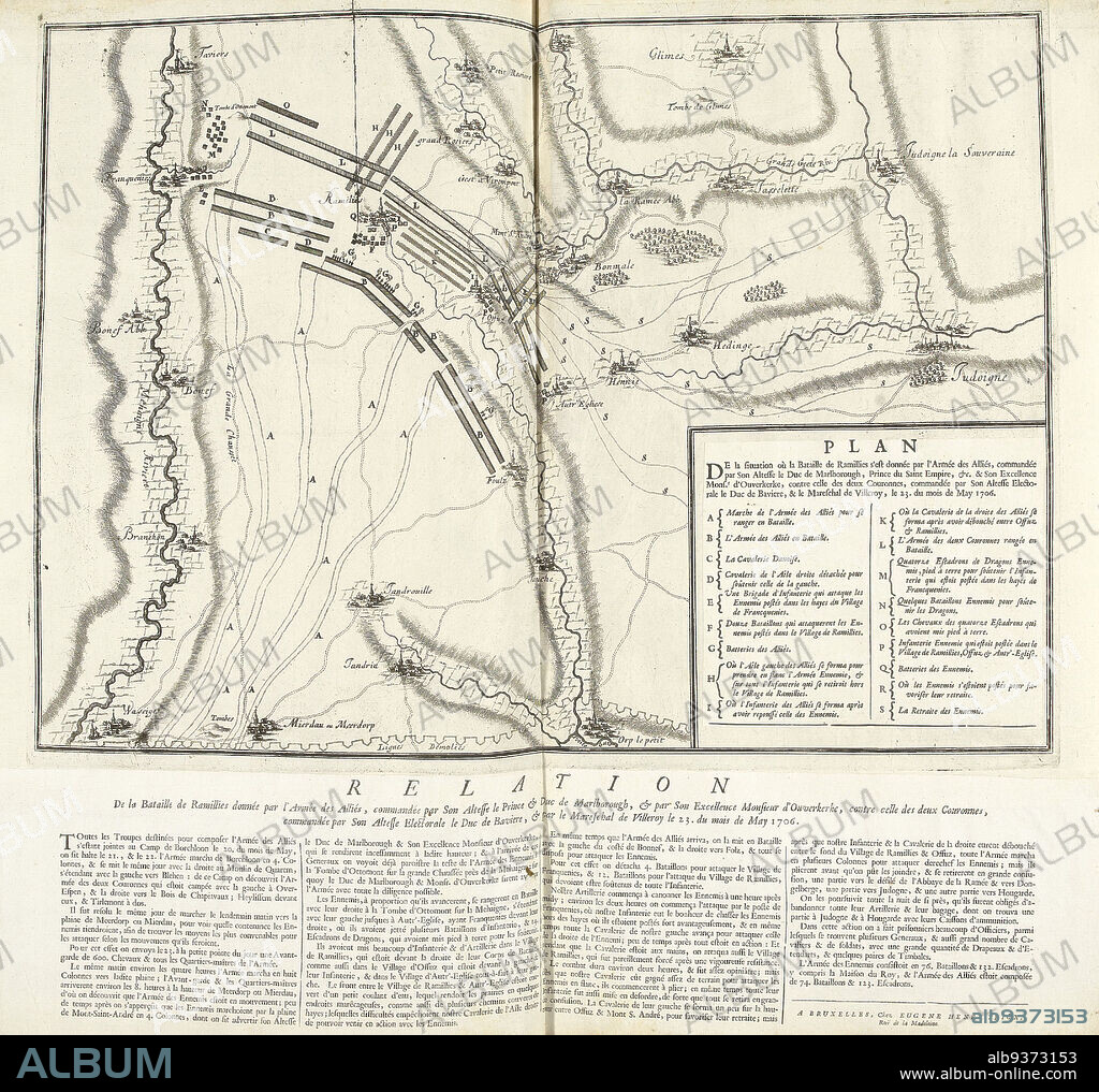 Battle of Ramillies, 1706, Plan De la situation où la Bataille de Ramillies s'est donnée par l'Armée des Alliés, commandée par Son Altesse le Duc de Marlborough (...) & Son Excellence Monsr. d'Ouverkerke, contre celle des deux Couronnes (...) le 23. du mois de May 1706 (title on object), Battle of Ramillies between the French and the Allies under the Duke of Marlborough and the Lord of Ouwerkerk, 23 May 1706. Below the plate is pasted a printed account of the battle in French. Part of a bundled collection of plans of battles and cities renowned in the War of the Spanish Succession., print maker: Jacobus Harrewijn (possibly), publisher: Eugene Henry Fricx (mentioned on object), Brussels, 1706, paper, etching, letterpress printing, height 500 mm × width 471 mm.