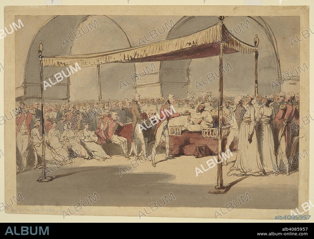 GEORGE CHINNERY. Major-General the Hon. Arthur Wellesley being received in durbar at the Chepauk Palace Madras by Azim al-Daula, Nawab of the Carnatic, 18th February 1805. Wellesley is being introduced by a languid Lord William Cavendish Bentinck, the Governor of Madras, both figures standing in front of the Nawab seated on his â€˜masnad,â€™ while sitting on a sofa behind are Admiral Peter Rainier, Commander of the fleet in the East Indies, and General Sir John Caradoc, Commander-in-Chief Madras. Various wives are seated nearby, and other officers and officials of the court stand around. Inscribed in the artistâ€™s hand in ink on the drawing: â€˜Feby. 18, 1805â€™; and in pencil on the mount: â€˜A durbar at Madras.â€™ And in William Prinsepâ€™s hand: â€˜By Chinnery.â€™. A durbar at Madras. 1805. Pencil, pen-and-ink and water-colour; 264 by 390 mm; laid down on a contemporary mount 290 by 420 mm. Source: WD 4463.