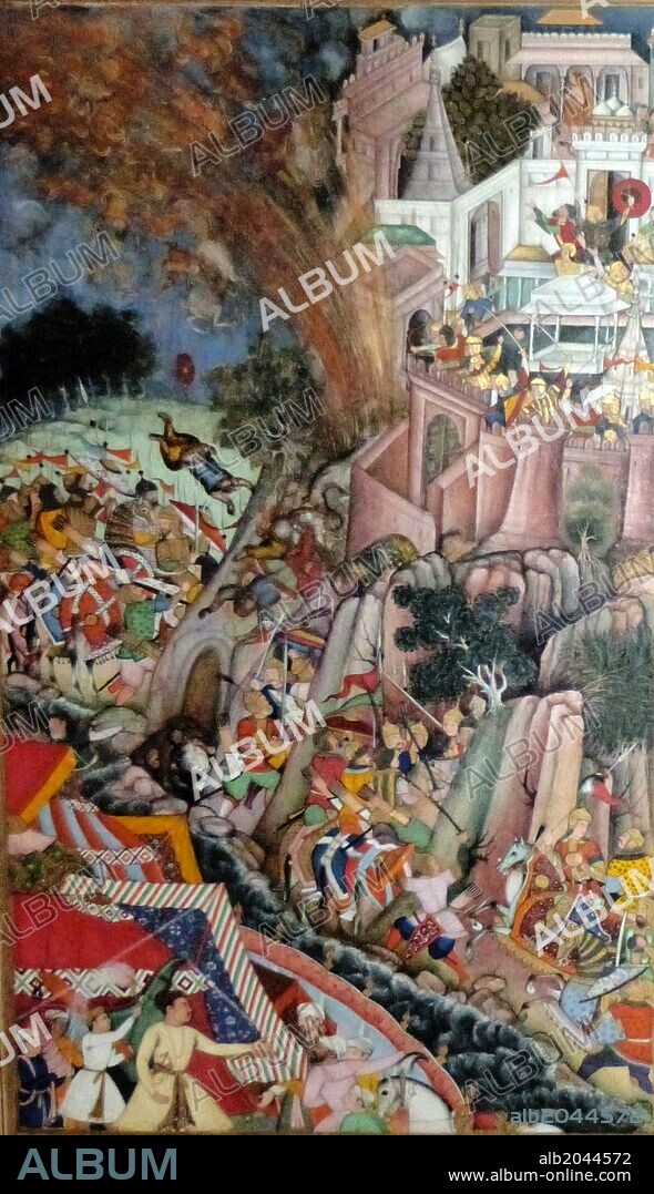 The Siege of Chitor (left side) from the Akbarnama (Book of Akbar). Composition by Miskina, painting by Bhura, opaque watercolour and gold on paper, Mughal, c1590-5.