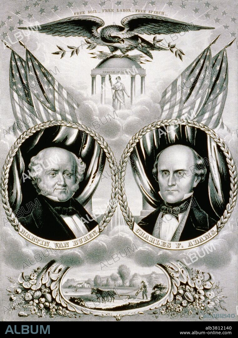 "Free Soil, Free Labor, Free Speech", Presidential Campaign banner for Free Soil Party candidates Martin Van Buren and Charles Francis Adams, 1848. Martin Van Buren (December 5, 1782 - July 24, 1862) was the eighth President of the USA (1837-41). Before his presidency, he was the eighth Vice President (1833-37) and the tenth Secretary of State (1829-31), both under Andrew Jackson. He was a key organizer of the Democratic Party, a dominant figure in the Second Party System, and the first president not of British or Irish descent, his family was Dutch. He was the first president to have been born a United States citizen, and the first for New York. He is the only president not to have spoken English as his first language. His administration was largely characterized by the economic hardship of his time, the Panic of 1837. He was scapegoated for the depression and called "Martin Van Ruin" by his political opponents. In the 1848 election Van Buren ran unsuccessfully for president on a third-party ticket, the Free Soil Party. After being bedridden with a case of pneumonia during the fall of 1861, he died of bronchial asthma and heart failure in 1862, at the age of 79.