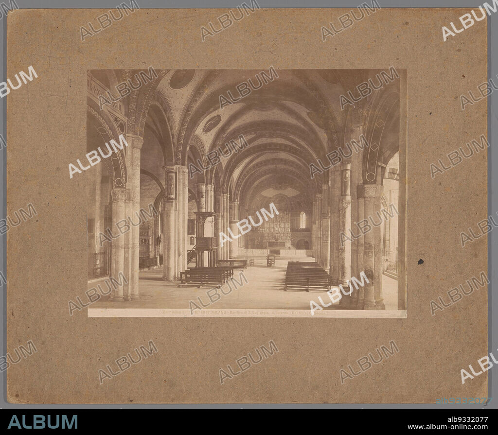 Interior of the Basilica of Sant'Eustorgio in Milan, with view of the pulpit, MILANO - Basilica di S. Eustorgio. L'Interno. (title on object), Alinari (mentioned on object), Basiliek van Sant'Eustorgio, c. 1875 - c. 1900, cardboard, albumen print, height 193 mm × width 248 mm.