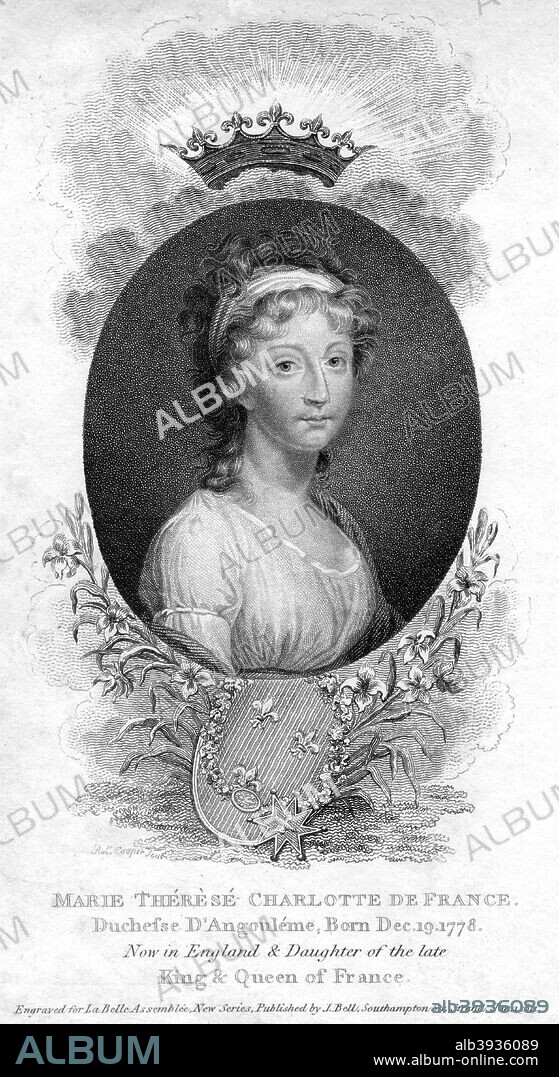 Marie-Therese-Charlotte de Bourbon, Duchess of Angouleme and Dauphine of France, 1811. The eldest child of King Louis XVI of France and Queen Marie Antoinette, Marie-Therese-Charlotte (1778-1851) lived in exile after her parents' execution until the abdication of Napoleon I in 1814, when the royal family was restored to the French monarchy.