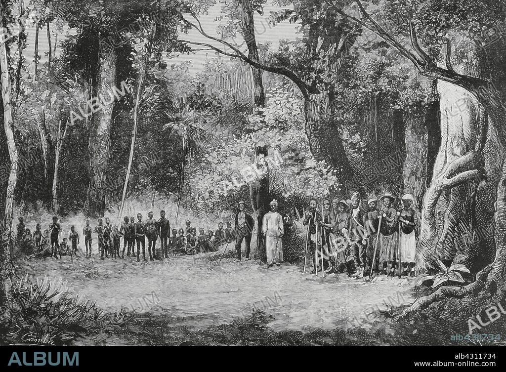 Africa. Golfo de Guinea. Fernando Poo (actual Bioko). Colonia española. Expedición al interior de la isla de Fernando Poo. Indígenas "Bubis" de los pueblos de Bocabocho y Musola. Dibujo por Juan Comba. Grabado por Tomás Carlos Capuz (1834-1899). La Ilustración Española y Americana, 22 de mayo de 1883.