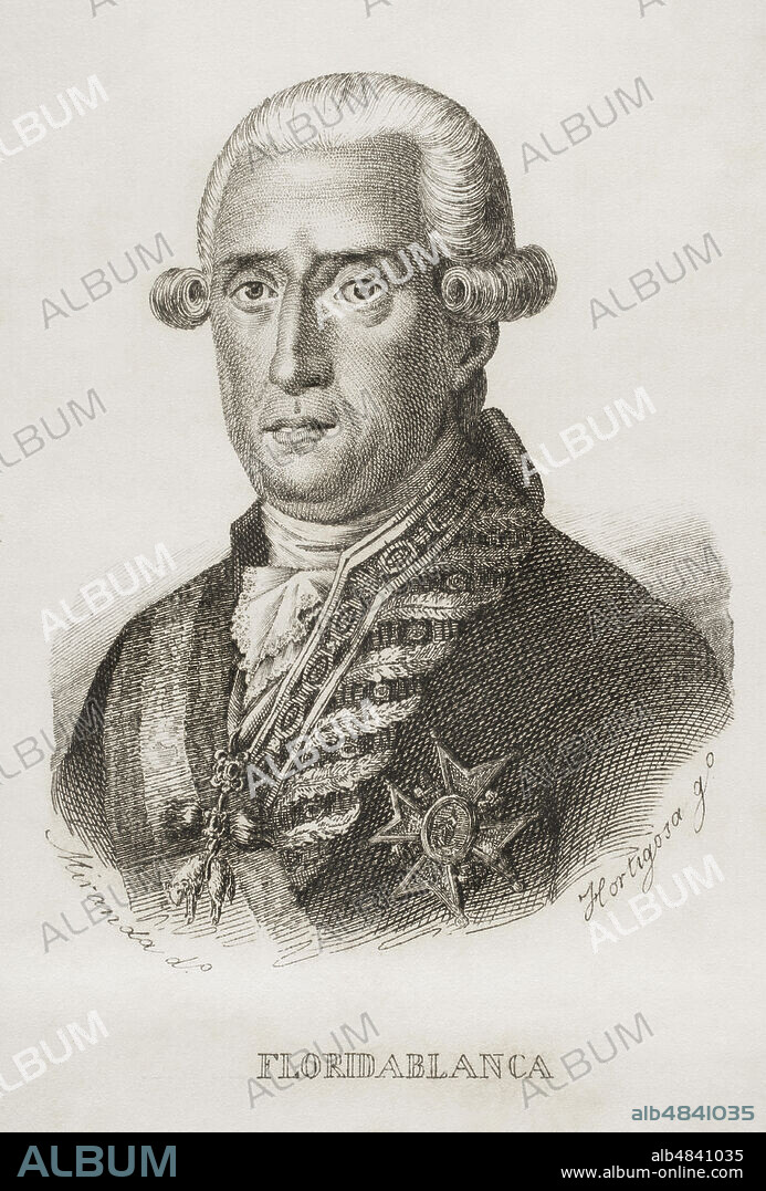 José Moñino y Redondo, I conde de Floridablanca (1728-1808). Político español que ejerció el cargo de secretario de Estado entre 1777 y 1792 presidiendo la Junta Suprema Central, creada en 1808. Dibujo por Miranda. Grabado por Hortigosa. Historia del Levantamiento, Guerra y Revolución de España, por el Conde de Toreno. Madrid,1851.