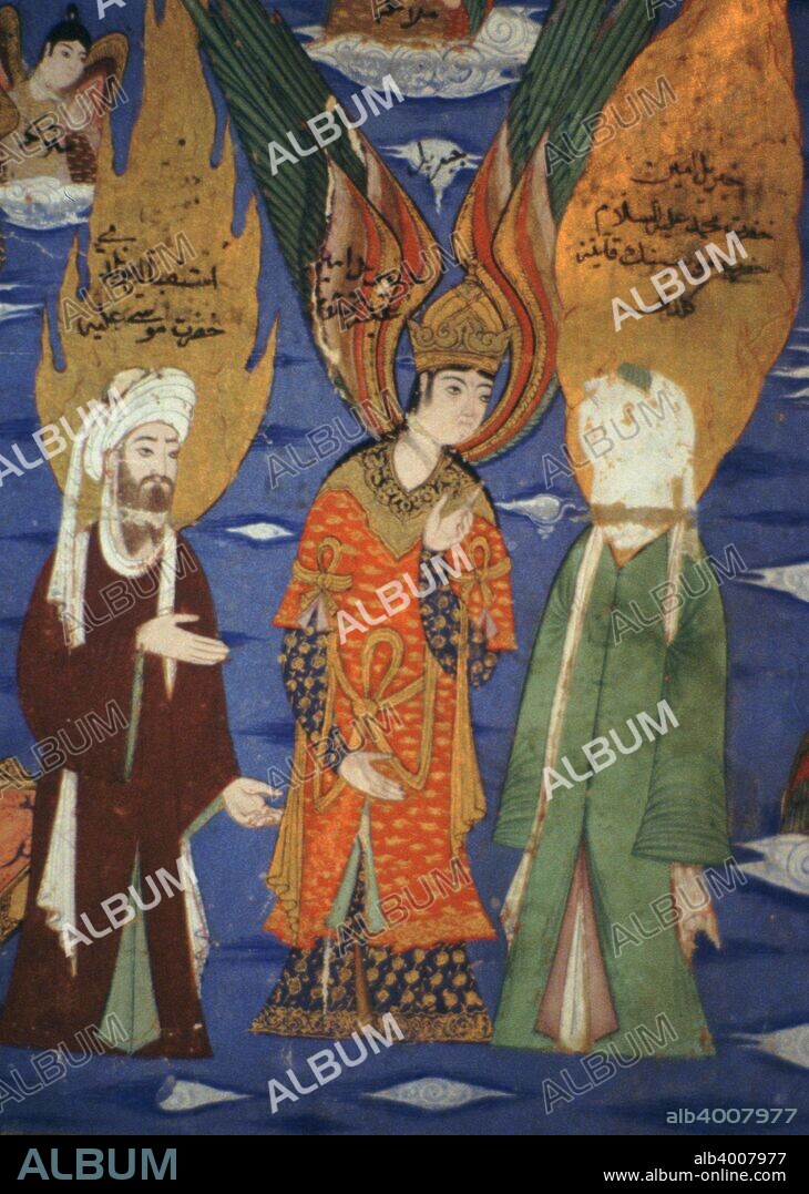 The Prophet Mohammed (c. 570 - c. 8 June 632) (on the right, in the green cloak) ascending to heaven, with the Prophet Moses on the left and the angel Gabriel in the centre, 16th century.