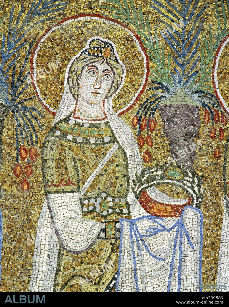 Mosaic of procession of Virgins Saint Justina carrying crown symbol of martyr in Saint Apollinare NuovoVIth century AD. San Apollinare Nuovo, Ravenna.