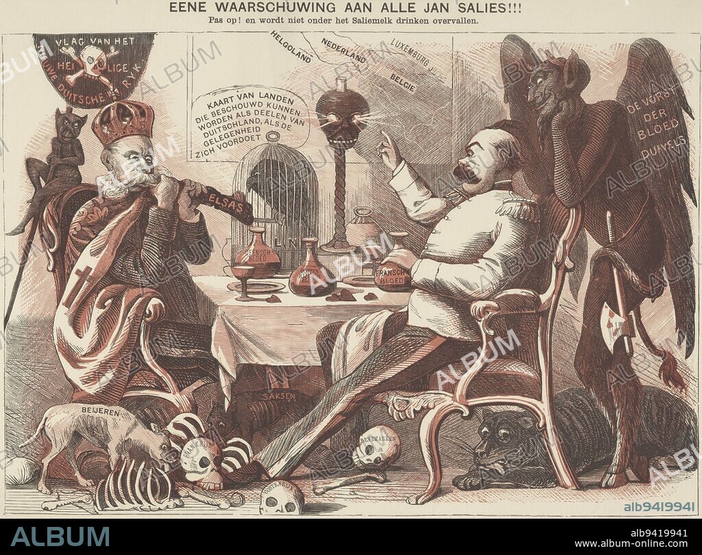 Cartoon on Kaiser Wilhelm I and Bismarck, 1870, anonymous, 1870, Cartoon on bloodthirstiness of Kaiser Wilhelm I and Otto von Bismarck, 1870. Kaiser Wilhelm sits at table with Bismarck on one leg 'Elsas' coloring. On the table are carafes of Danish, Austrian, and French blood. On the floor are skulls and bones from earlier meals. Behind Bismarck's chair, the devil looks on approvingly. In the caption the conversation between Kaiser Wilhelm, Bismarck and the devil., print maker: anonymous, publisher: Jacobus George Robbers, (mentioned on object), print maker: Netherlands, publisher: Rotterdam, 1870, paper, h 279 mm × w 383 mm.