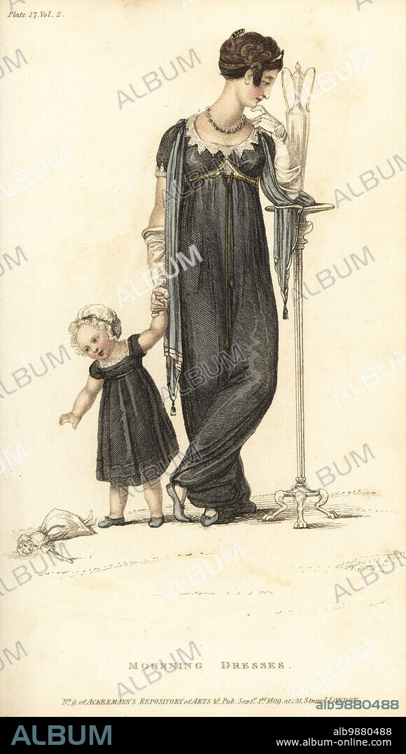 Regency woman and child in mourning dress. Dress of black gossamer net over white satin slip, round frock front edged with Vandyke lace. Hair in the Eastern style with Spartan diadem. Circassian scarf of grey Spanish silk, white gloves of French kid. Girl in black crape muslin. Plate 17, September 1809. Handcoloured copperplate engraving by Thomas Uwins from Rudolph Ackermann's Repository of Arts, London.