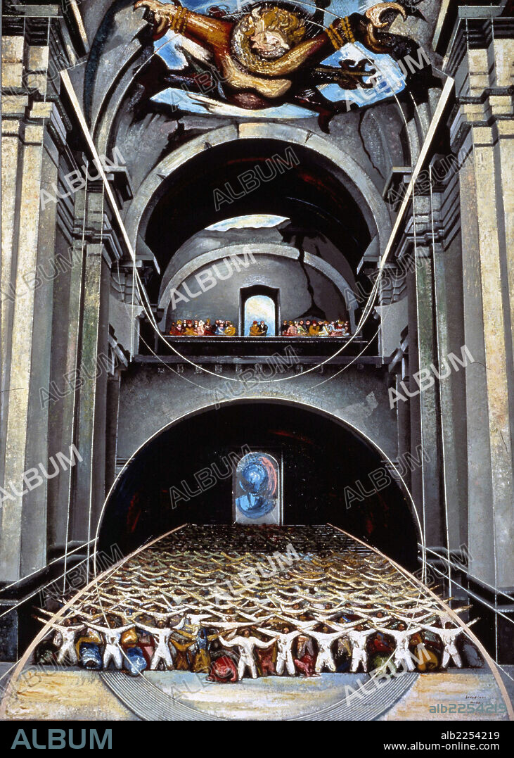 DAVID ALFARO SIQUEIROS. SIQUEIROS , DAVID ALFARO. PINTOR MEXICANO. CHIHUAHUA 1896 - 1974. " EL DEMONIO EN LA IGLESIA " , OLEO SOBRE LIENZO.