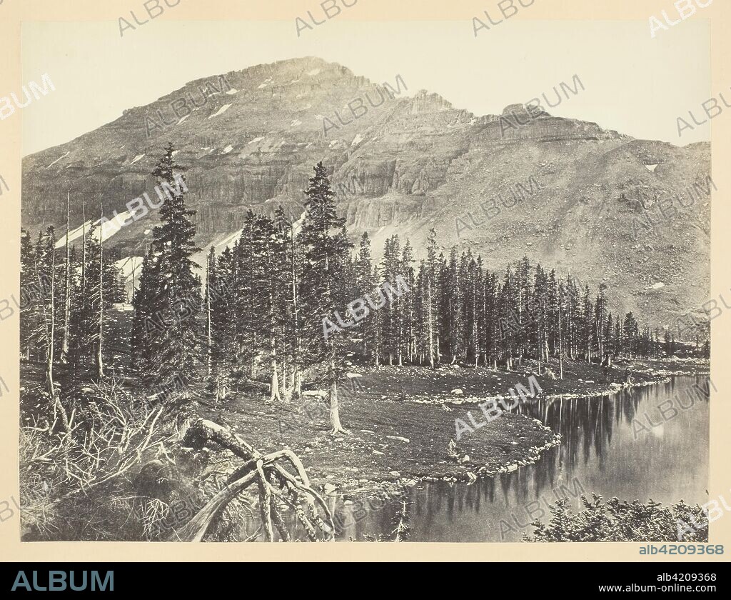 ANDREW JOSEPH RUSSELL. Lake at the Head of Bear River, Uintah Mountain. Andrew J. Russell; American, 1830-1902. Date: 1868-1869. Dimensions: 15.4 x 20.4 cm (image/paper); 23.2 x 30.3 cm (album page). Albumen print, pl. XIV from the album "Sun Pictures of Rocky Mountain Scenery" (1870). Origin: United States.