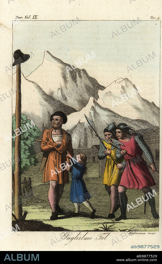 Swiss hero William Tell, with his son and holding a crossbow, is arrested in Altdorf for not saluting Albrecht Gesslers hat mounted on a pole. Guglielmo Tel. Handcoloured copperplate engraving by Migliavacca from Giulio Ferrarios Costumes Ancient and Modern of the Peoples of the World, Il Costume Antico e Moderno, Florence, 1837.