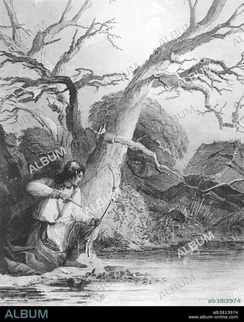 An Indian boy shooting fish, Great Lakes region. Drawing by S. Eastman, engraving by C.K. Burt from The American Aboriginal Portfolio, 1853. Fishing and hunting were important activities for the Native Americans who relied heavily on the meat of wild animals and fowl, and on fish, for their food. The early bow and arrows were made from the wood of various trees like cherry, ash, cedar, oak, hickory and any other wood available at the time. For the string portion of the bows, tendons, stomach lining or rawhide from animals were primarily used. For the arrow tips, there was a wide variety of materials used. Flint was a popular material as was animal bone, wood and stone. Each type of tip was constructed differently based on what was being hunted and killed. There were harpoon-like arrow tips for fishing and large blunted models for small game and birds.