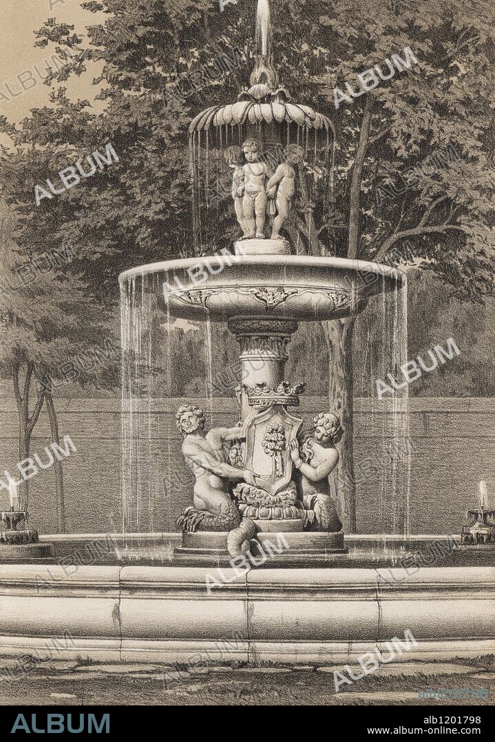 Fuente de la Alcachofa. Situada en los Jardines del Retiro, Madrid, proyectada en 1776 por encargo del rey Carlos III y esculpida entre 1781 y 1782. Grabado de 1870.