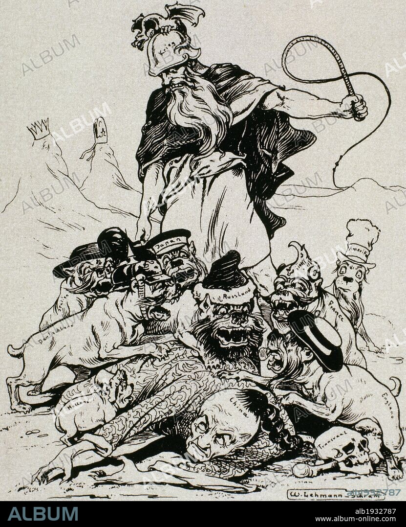 GUERRA DE LOS BOXERS (1900-1901). Caricatura de la época: el espíritu de la guerra excita a las potencias a devorar el caído Imperio Chino.