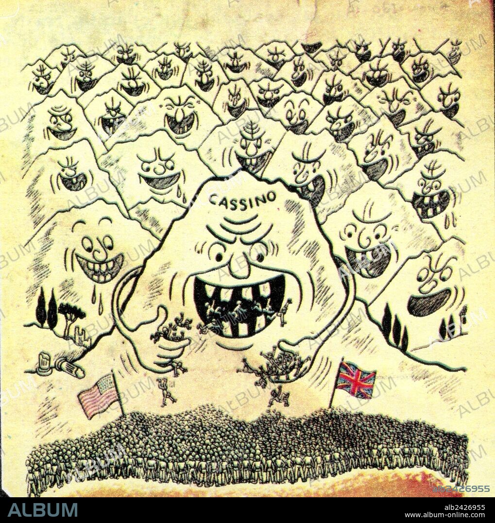 Second World War-Italy 1944 February 1944-Battle of Monte Cassino. German propaganda. Montecassino and the nearby mountains are represented as hungry monsters ready to swallow hundreds of Allied soldiers.