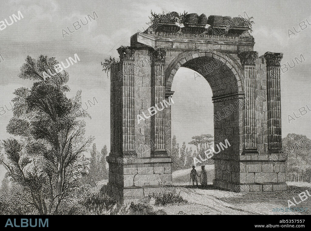 ANTONIO ROCA SALLENT (1814-1864). SPANISH ENGRAVER.. España. Cataluña. Provincia de Tarragona. Roda de Bará (Roda de Berà). Arco de Bará (Arc de Berà). Construído por orden de Lucio Licinio Sura a principios del siglo II. Grabado por Antonio Roca. Las Glorias Nacionales. Tomo II, edición Madrid-Barcelona, 1853.