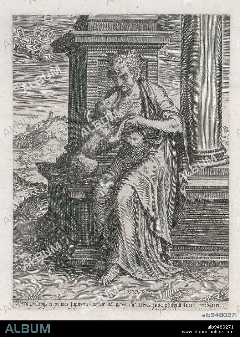 Lust, Luxuria (title on object), Vices (series title), Personification of lust in the form of a woman on the pedestal of a column in a landscape. Next to her a dog licking her face., print maker: anonymous, after design by: Frans Floris (I), (possibly), publisher: Adriaen Huybrechts (I), (possibly), print maker: Low Countries, publisher: Antwerp, 1575, paper, engraving, height 220 mm × width 162 mm.