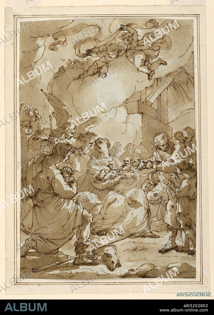 Adoration of the Shepherds, Ubaldo Gandolfi, Italian, 1728 1781, Pen and brown ink, brush and brown wash, black chalk on white laid paper, laid down on blue wove paper, The Virgin, seated, holds the Child in her arms, at center; a kneeling and a standing shepherd, a woman with a fruit basket upon her headand angel are shown at left; at right, an elderly man, gesturing boys to approach, bands of shepherds and angels, an ox and an ass; angels of glory with a paper scroll at top., Bologna, Italy, Italy, 1766, architecture, Drawing, Drawing.