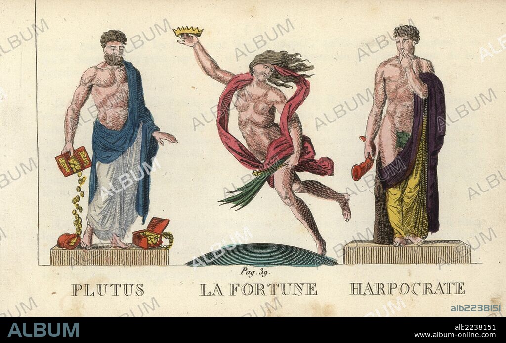 Plutus, Fortuna and Harpocrates, Greek and Roman gods of wealth, luck, and silence. Handcoloured copperplate engraving engraved by Jacques Louis Constant Lacerf after illustrations by Leonard Defraine from "La Mythologie en Estampes" (Mythology in Prints, or Figures of Fabled Gods), Chez P. Blanchard, Paris, c.1820.