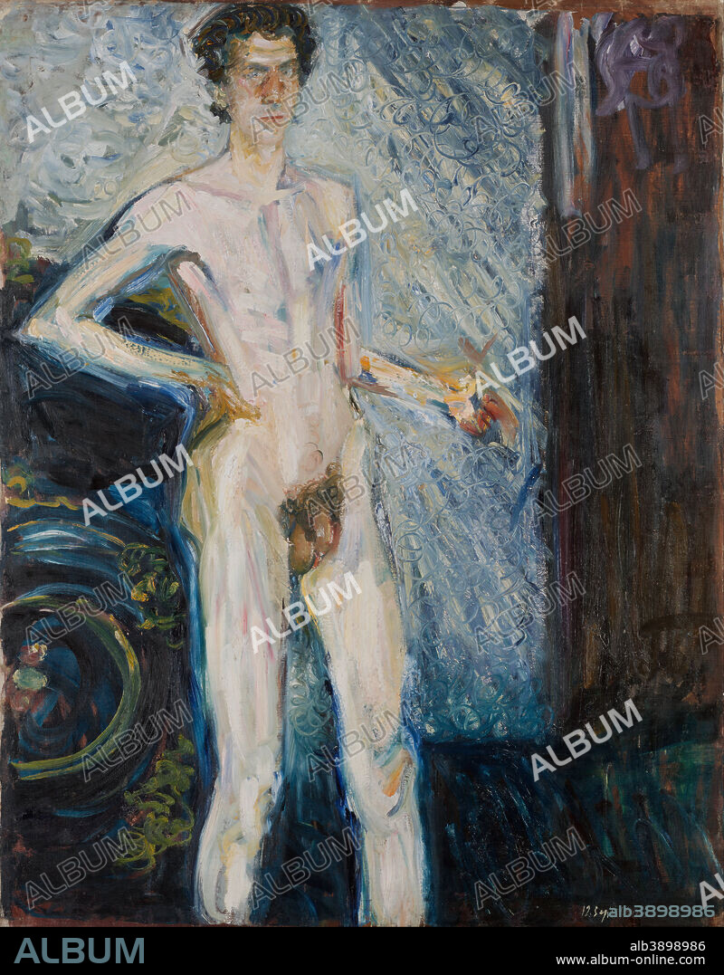 RICHARD GERSTL. Selbstakt mit Palette / Nude Self-Portrait with Palette. Date/Period: 1908. Painting. Oil on canvas. Height: 139.3 cm (54.8 in); Width: 100 cm (39.3 in).