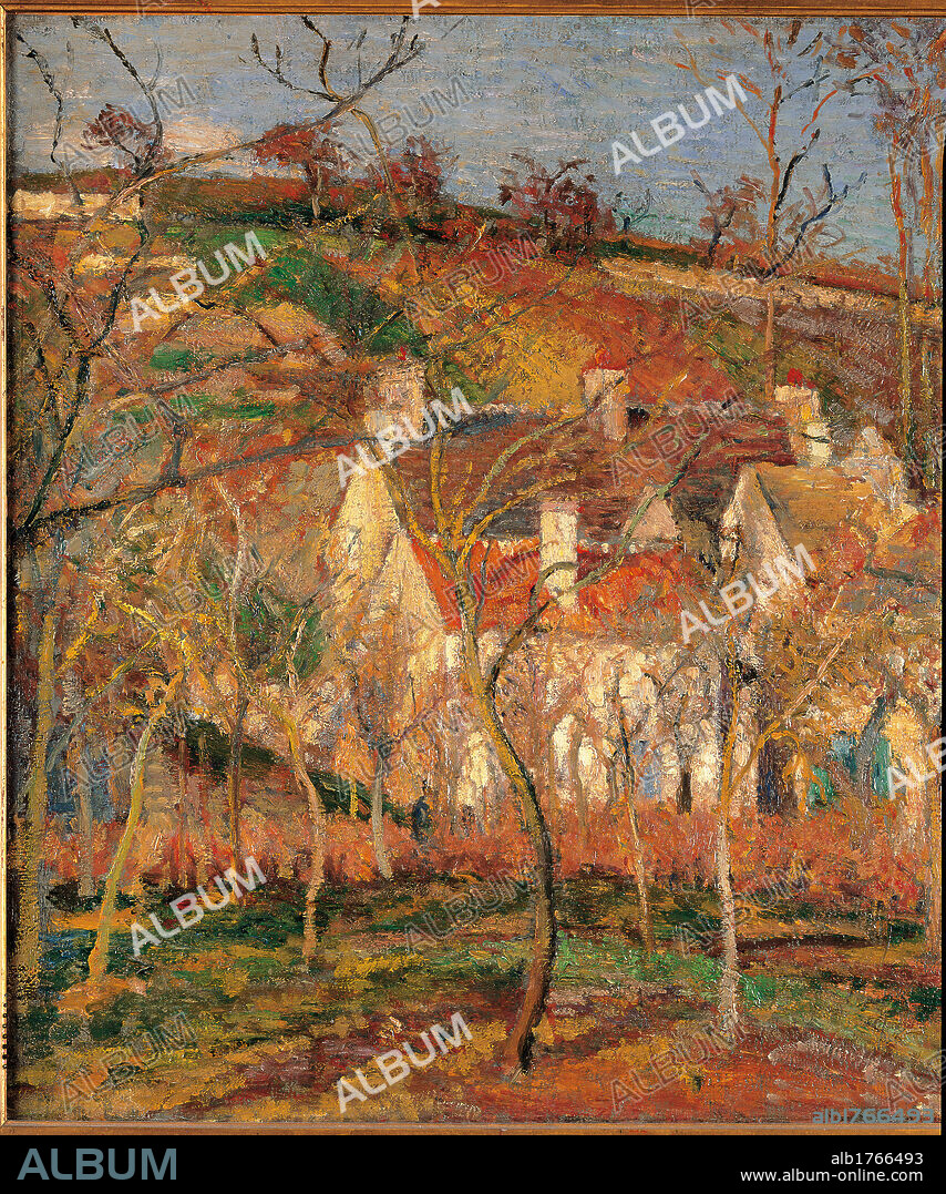 Red Roofs, Corner of a Village, Winter, by Camille Pissarro, 1877, 19th Century, oil on canvas, cm 54,5 x 65,5. France, Ile de France, Paris, Muse dOrsay. Detail red roofs villages corner winter effect trees branches houses.