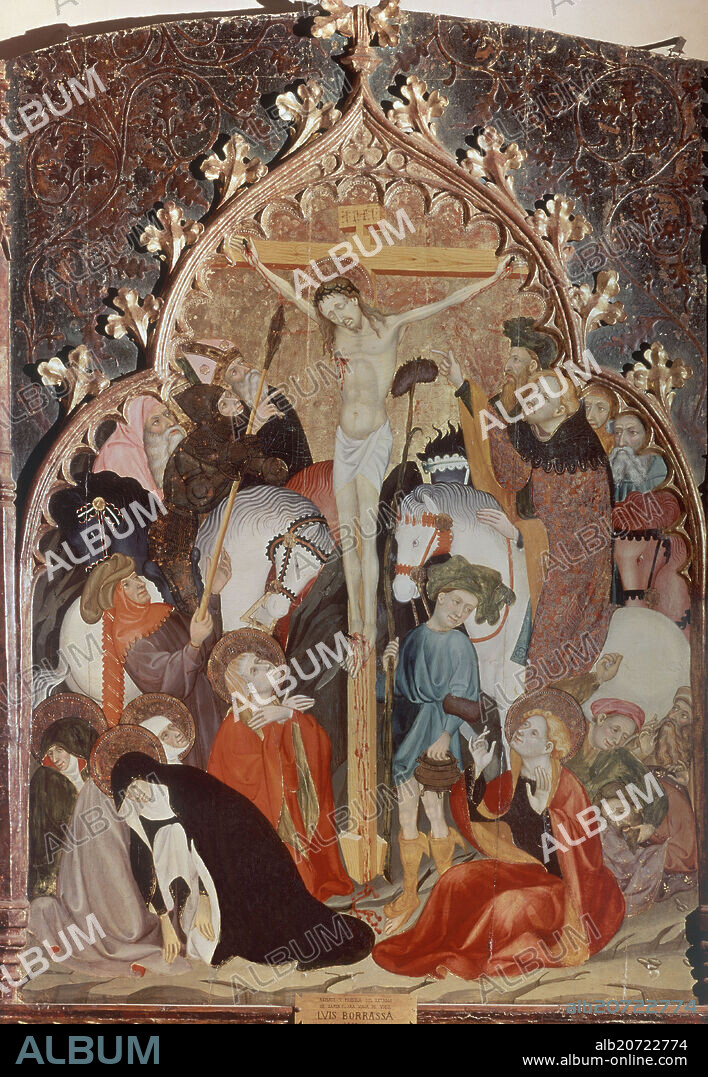 LLUIS BORRASA (1360-1426). RETABLO DE SANTA CLARA - 1414 - CRUCIFIXION DE JESUCRISTO - PINTURA GOTICA.