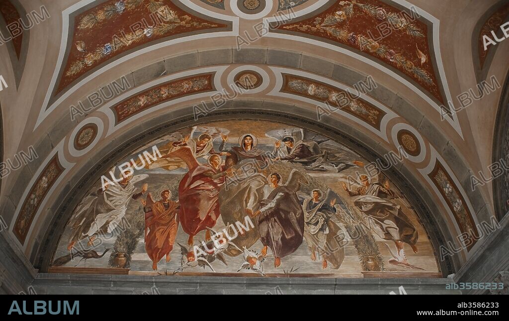 NICOLAU MARIA RUBIÓ I TUDURÍ and JOSEP OBIOLS. Nicolau Rubió i Tudurí (architect); Josep Obiols (painter) / "Asunción de la Virgen" (Assumption of the Virgin), 1950-1951, mural paintings, entrance porch of the Church of Santa María Reina, Barcelona, Barcelona, Catalonia, Spain.